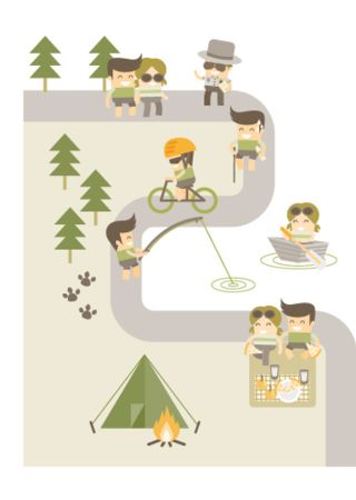 Campers and volunteers on road map